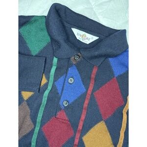 Dalmine Sweater Mens XL EU 54 Black Argyle Wool Long Sleeve Collar Made in Italy